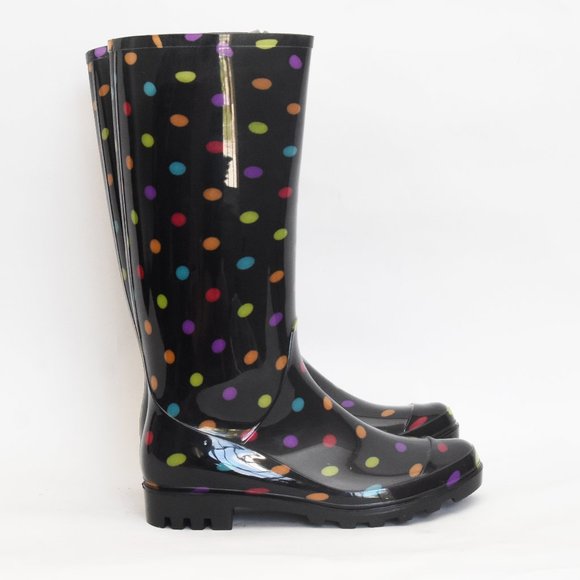 Arizona Jean Mulitcolor Black & Rainbow Polka-Dot Rain Boots Size 7 -AZ Winston- - Picture 2 of 10